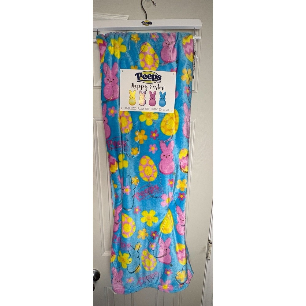 Peeps Blue Yellow Pink Easter Foil Bunnies Plush Throw Blanket 50" x 70"